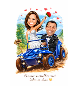 Caricatura de Casamento com Carro Personalizada – Noivos Dirigindo e Tema Automotivo