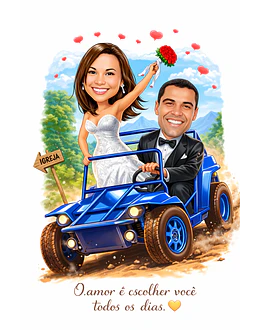 Caricatura de Casamento com Carro Personalizada – Noivos Dirigindo e Tema Automotivo