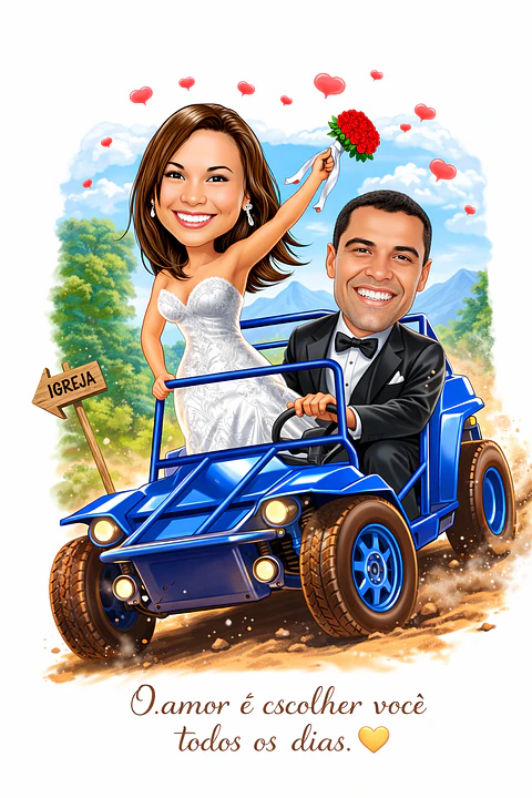Caricatura de Casamento com Carro Personalizada – Noivos Dirigindo e Tema Automotivo