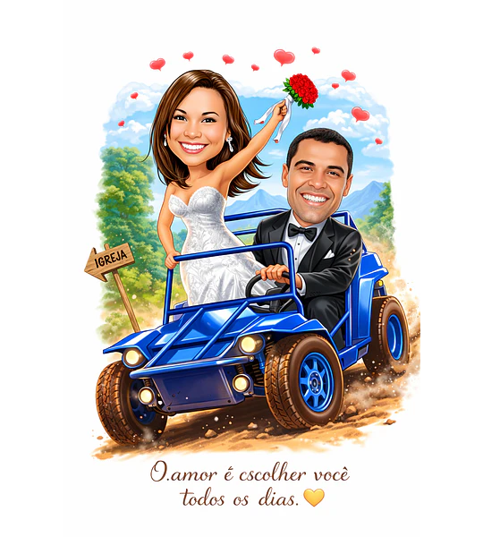 Caricatura de Casamento com Carro Personalizada – Noivos Dirigindo e Tema Automotivo