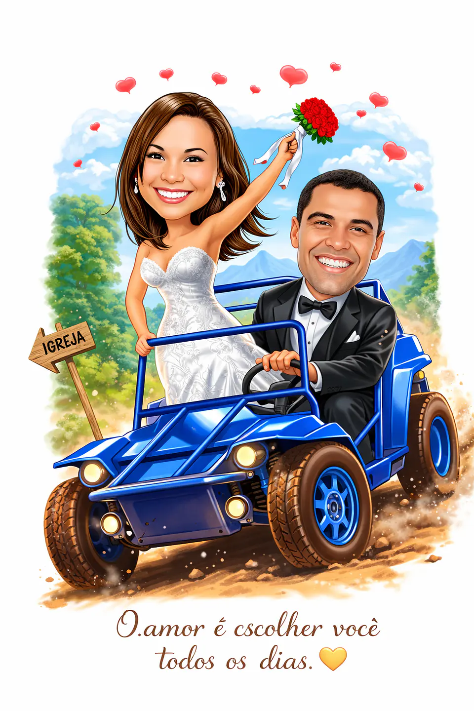 Caricatura de Casamento com Carro Personalizada – Noivos Dirigindo e Tema Automotivo 1