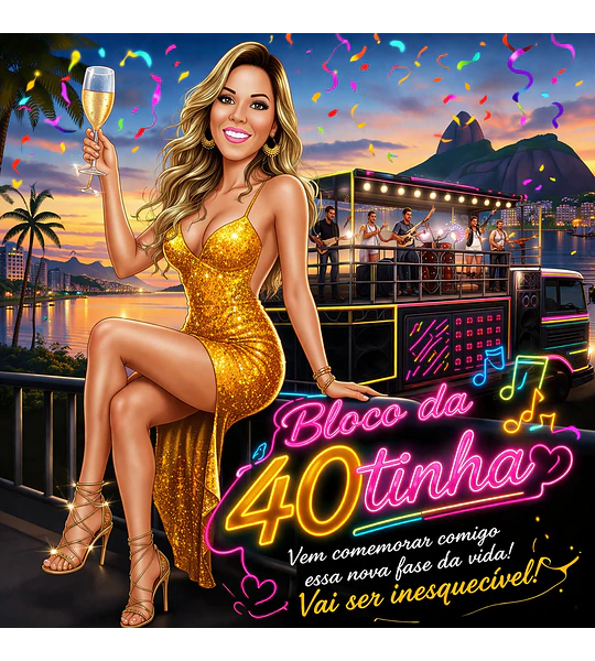 Caricatura de Aniversário Feminina no Trio Elétrico | Tema Micareta Carnaval (20, 30, 40, 50, 60 anos)