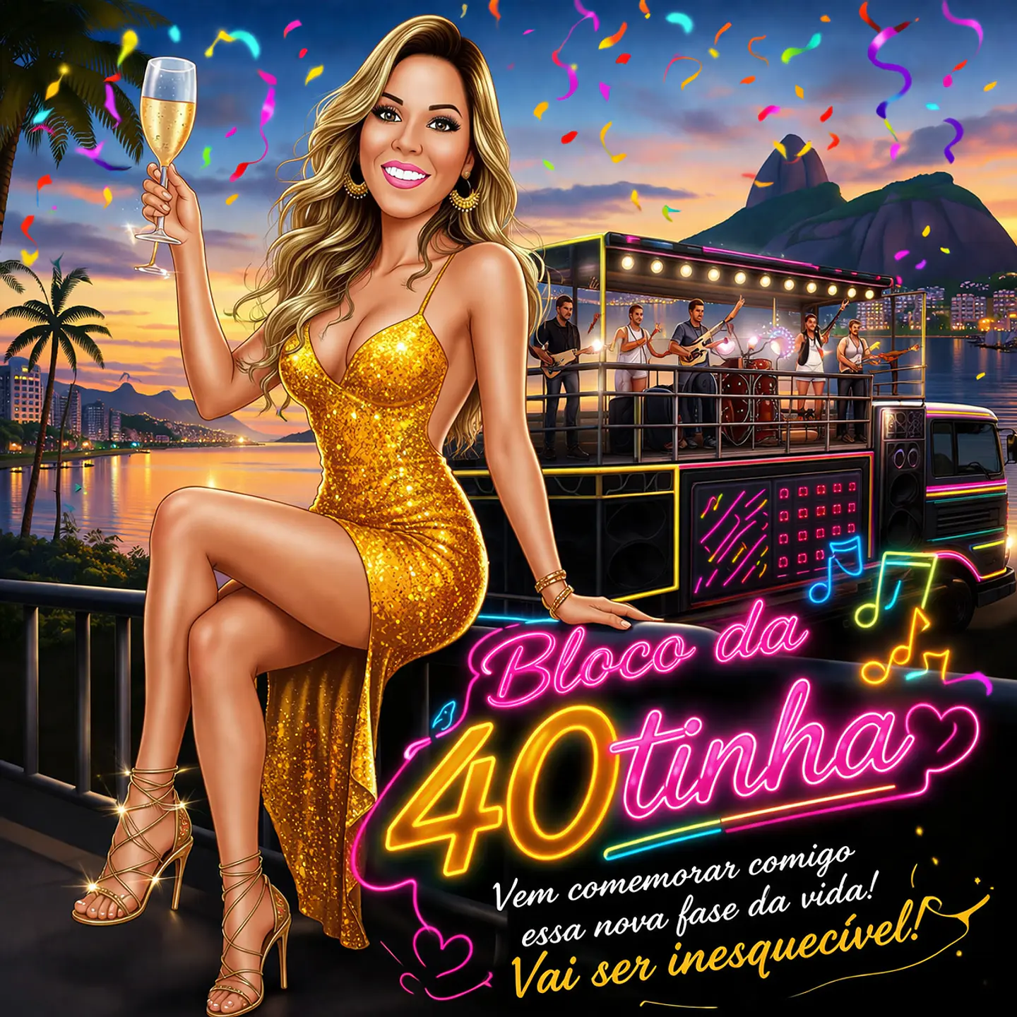 Caricatura de Aniversário Feminina no Trio Elétrico | Tema Micareta Carnaval (20, 30, 40, 50, 60 anos) 1