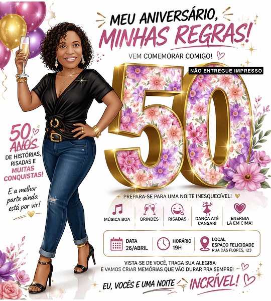 Convite de Aniversário Feminino (Todos os Anos) com Caricatura Personalizada
