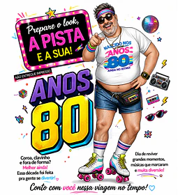 Convite Anos 80 com Caricatura Personalizada – Tema Retrô Digital