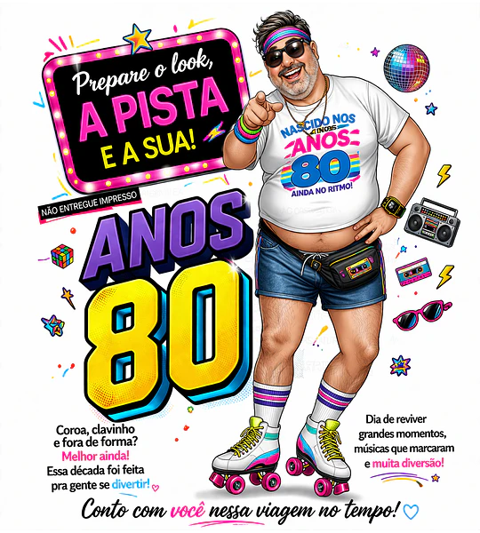 Convite Anos 80 com Caricatura Personalizada – Tema Retrô Digital