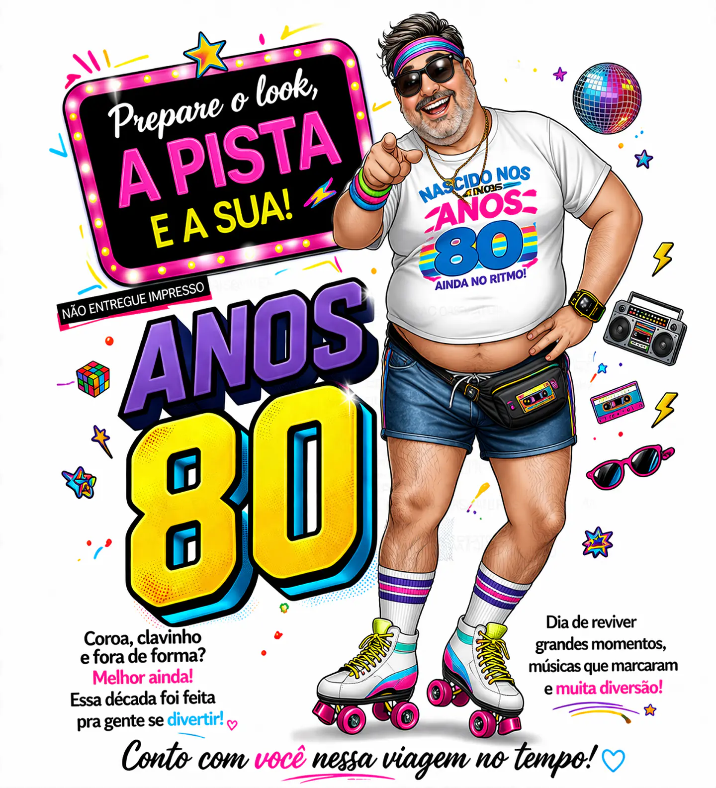 Convite Anos 80 com Caricatura Personalizada – Tema Retrô Digital 1