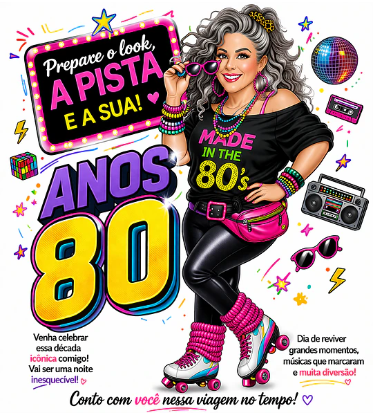 Convite Anos 80 com Caricatura Personalizada – Tema Retrô Digital