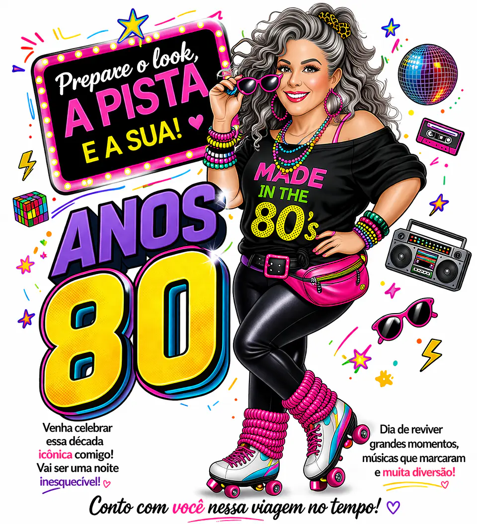 Convite Anos 80 com Caricatura Personalizada – Tema Retrô Digital 2