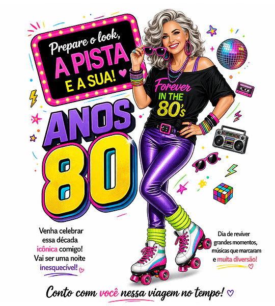 Convite Anos 80 com Caricatura Personalizada – Tema Retrô Digital