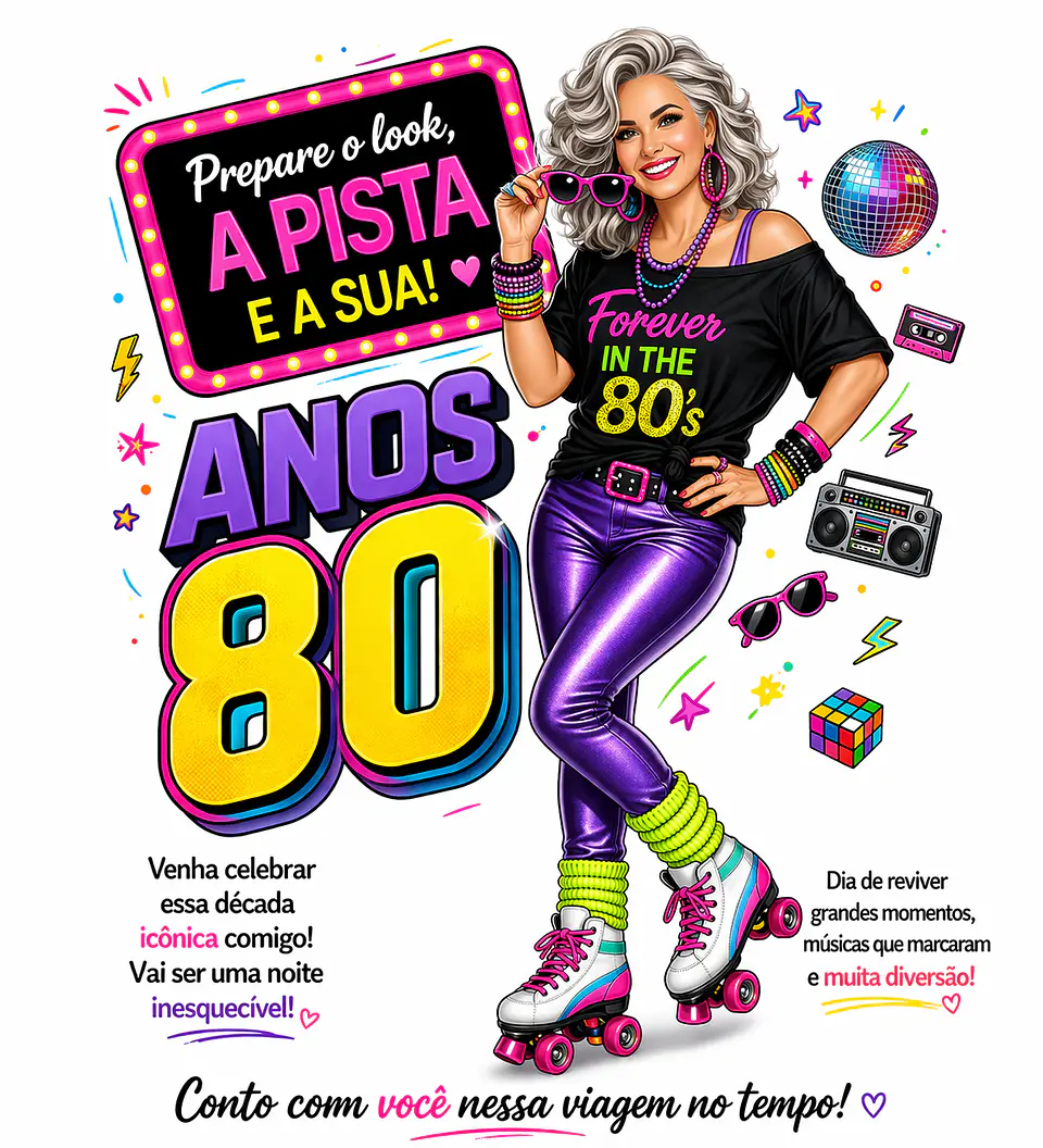 Convite Anos 80 com Caricatura Personalizada – Tema Retrô Digital 3