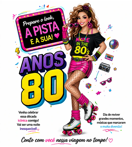Convite Anos 80 com Caricatura Personalizada – Tema Retrô Digital