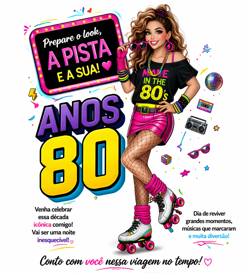 Convite Anos 80 com Caricatura Personalizada – Tema Retrô Digital 4