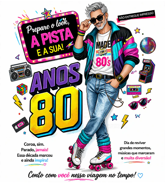 Convite Anos 80 com Caricatura Personalizada – Tema Retrô Digital