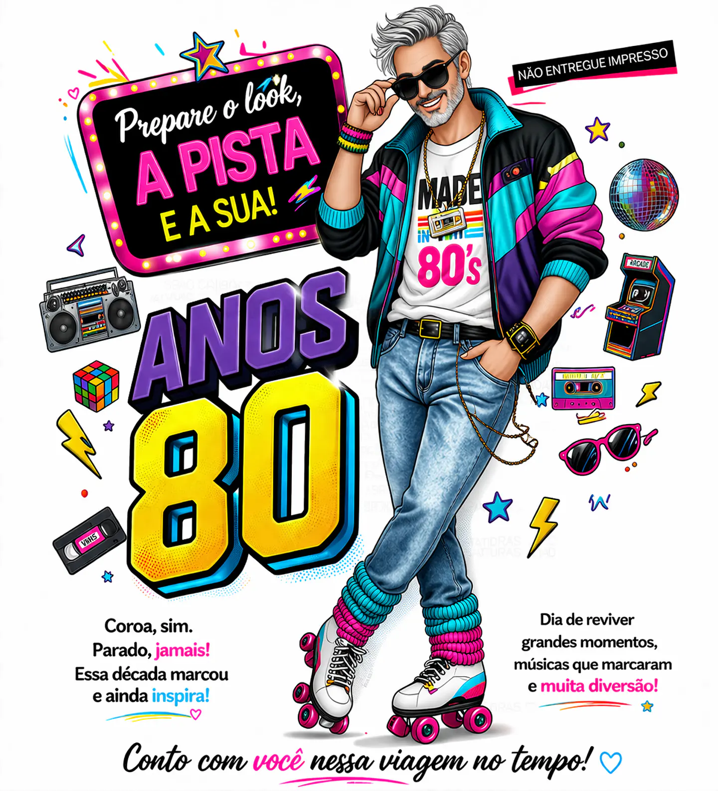 Convite Anos 80 com Caricatura Personalizada – Tema Retrô Digital 5