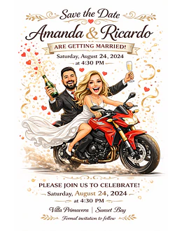 Convite Digital de Casamento com Veículos Caricatura Personalizada | Noivos Personalizados