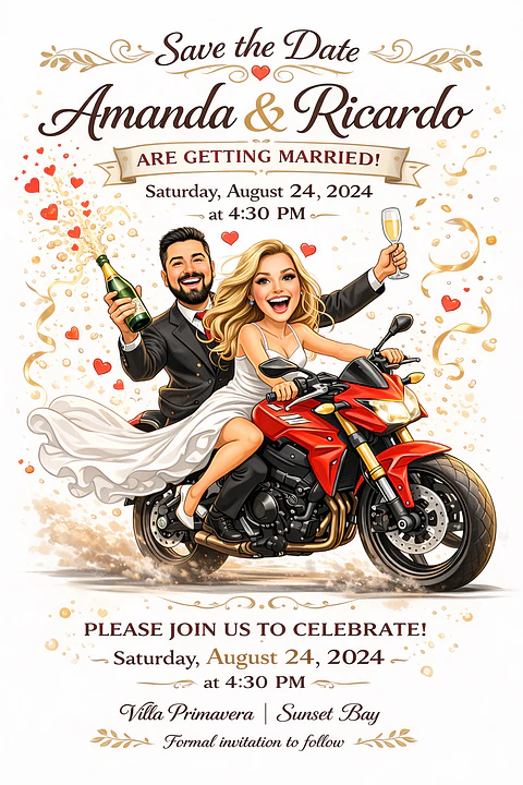 Convite Digital de Casamento com Veículos Caricatura Personalizada | Noivos Personalizados