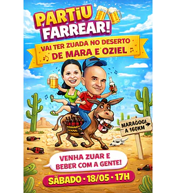 Convite com Caricatura Aniversário Casal no Deserto Engraçado 