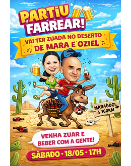 Convite com Caricatura Aniversário Casal no Deserto Engraçado 