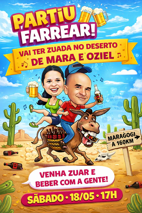 Convite com Caricatura Aniversário Casal no Deserto Engraçado 
