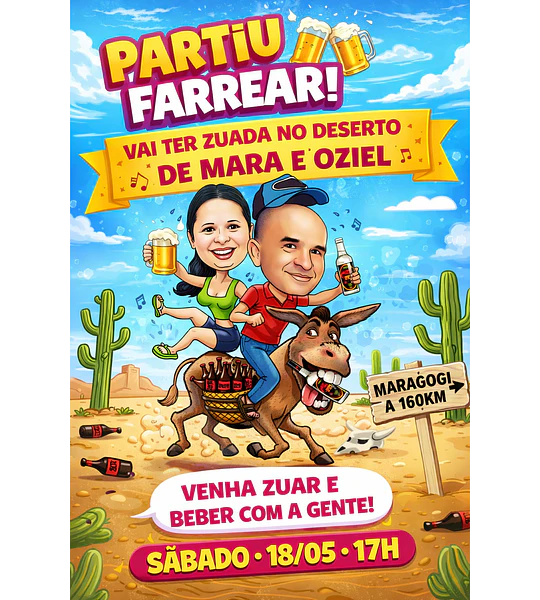 Convite com Caricatura Aniversário Casal no Deserto Engraçado 