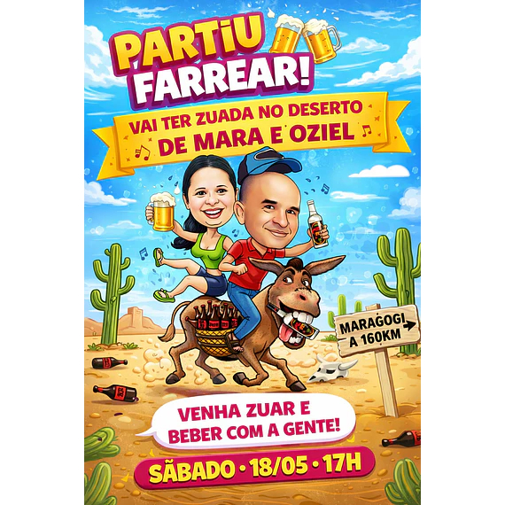 Convite com Caricatura Aniversário Casal no Deserto Engraçado 