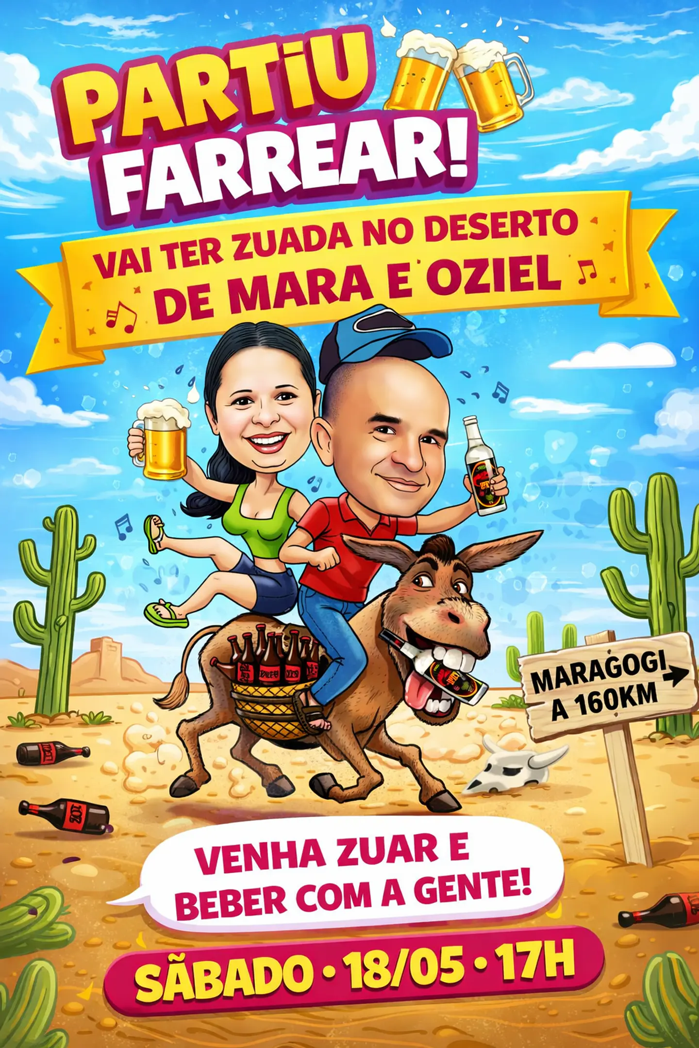 Convite com Caricatura Aniversário Casal no Deserto Engraçado  1