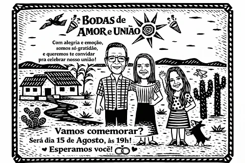 Caricatura Xilogravura Nordestina Personalizada | Família em Cordel