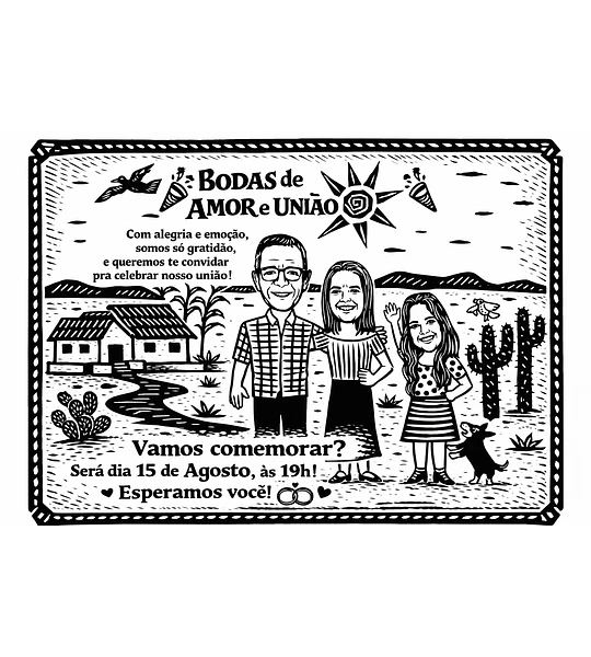 Caricatura Xilogravura Nordestina Personalizada | Família em Cordel