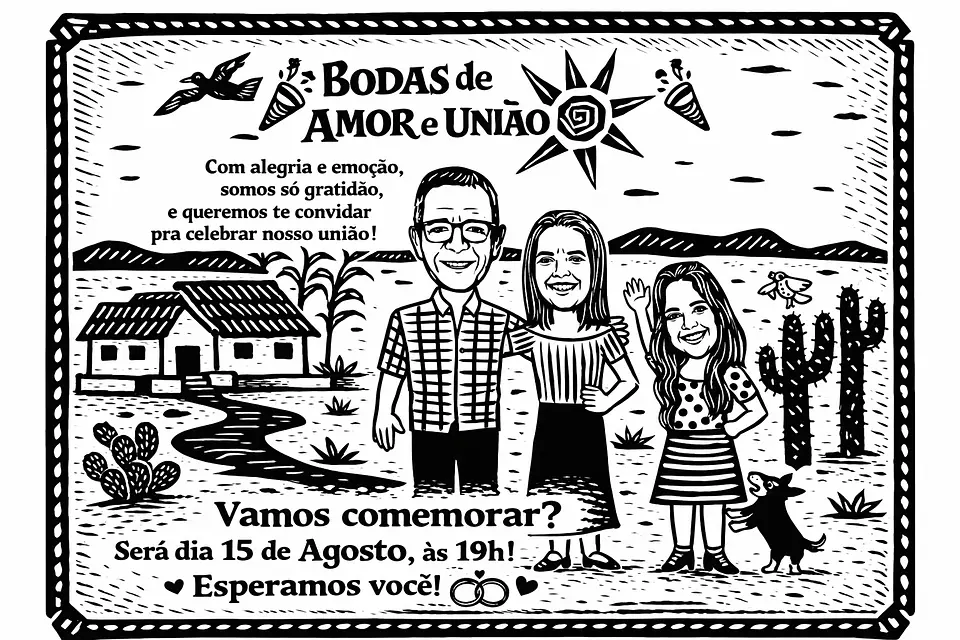 Caricatura Xilogravura Nordestina Personalizada | Família em Cordel 1