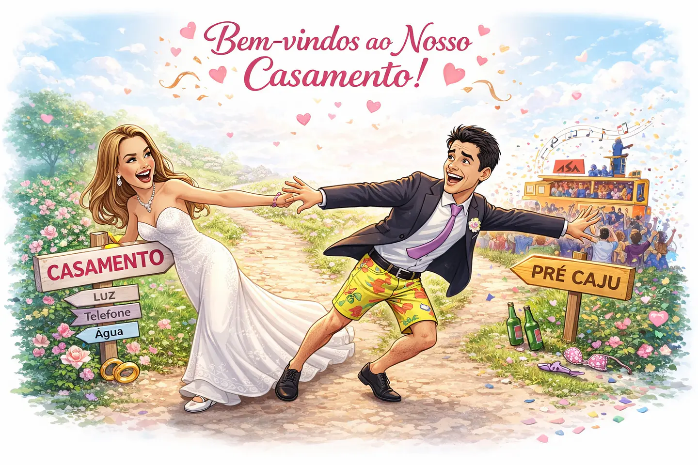 Caricatura de Casamento no Trio Elétrico – Tema Carnaval, Micareta e Forró Personalizado 1