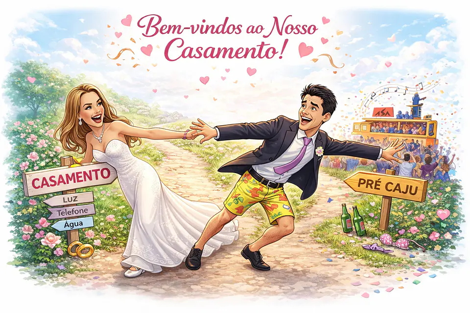 Caricatura de Casamento no Trio Elétrico – Tema Carnaval, Micareta e Forró Personalizado 1