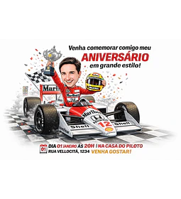 Caricatura de Homem Corredor F1 – Convite Personalizado Estilo Ayrton Senna