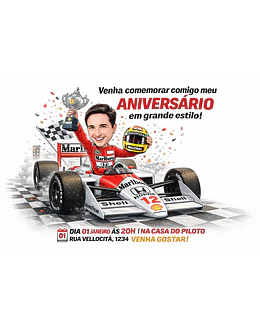 Caricatura de Homem Corredor F1 – Convite Personalizado Estilo Ayrton Senna