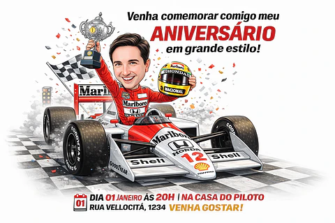 Caricatura de Homem Corredor F1 – Convite Personalizado Estilo Ayrton Senna
