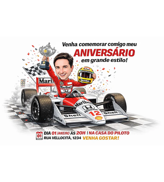 Caricatura de Homem Corredor F1 – Convite Personalizado Estilo Ayrton Senna