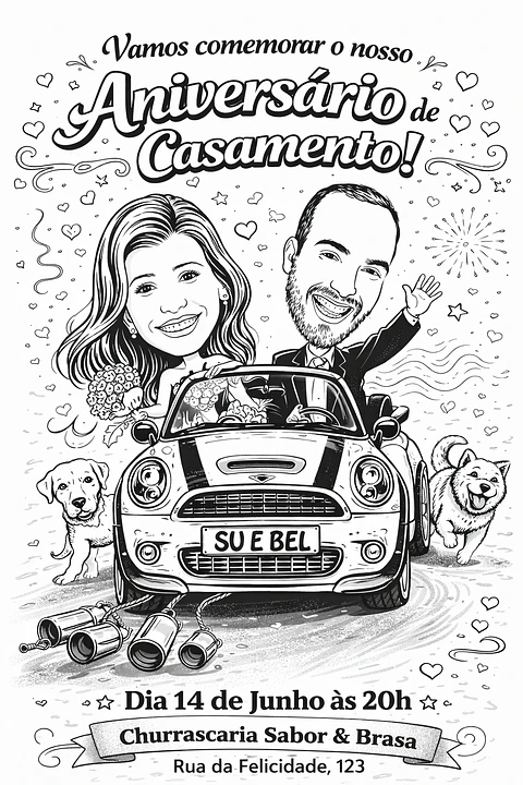 Caricatura de Casamento com Carro – Noivos Dirigindo Personalizada
