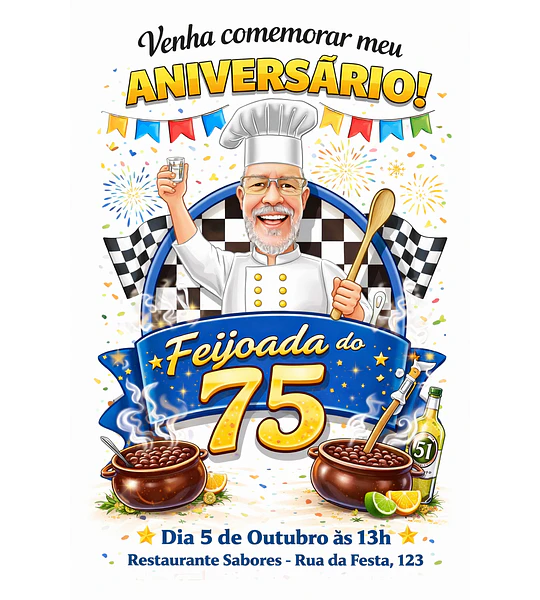 Caricatura de Feijoada para Aniversário | Tema Mestre Cuca Personalizado