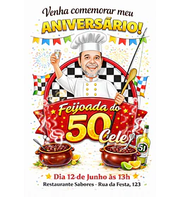 Caricatura de Feijoada para Aniversário | Tema Mestre Cuca Personalizado