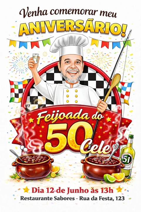 Caricatura de Feijoada para Aniversário | Tema Mestre Cuca Personalizado