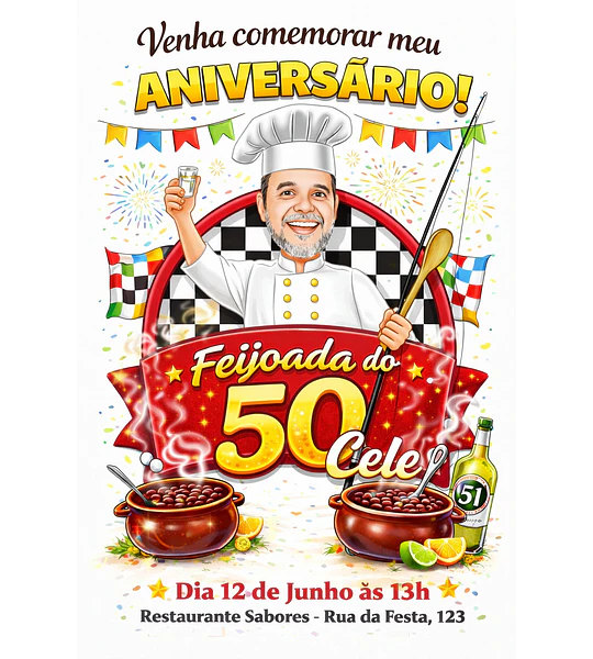 Caricatura de Feijoada para Aniversário | Tema Mestre Cuca Personalizado