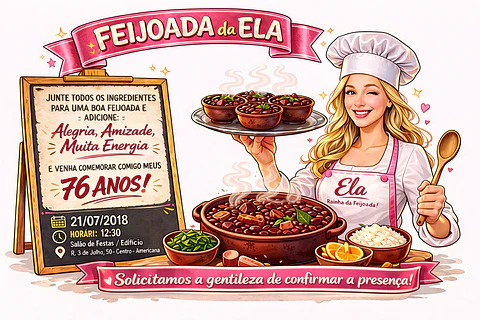 Caricatura Personalizada para Convite de Aniversário tema feijoada | Arte Digital Exclusiva