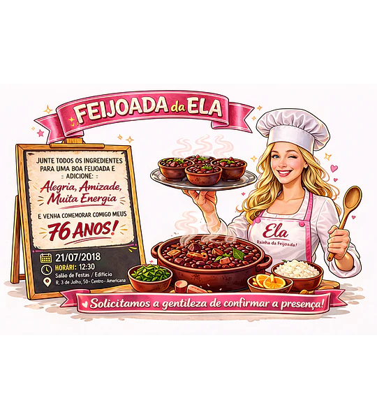 Caricatura Personalizada para Convite de Aniversário tema feijoada | Arte Digital Exclusiva