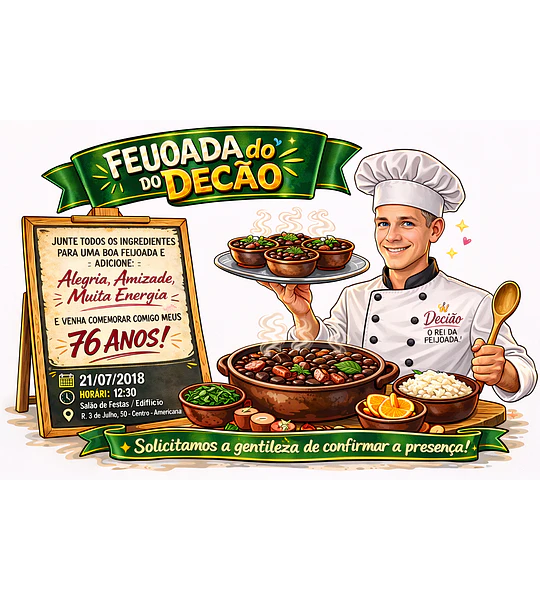 Caricatura Personalizada para Convite de Aniversário tema feijoada | Arte Digital Exclusiva