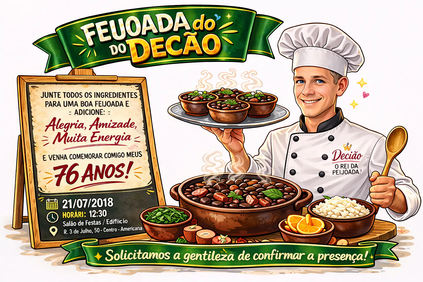 Caricatura Personalizada para Convite de Aniversário tema feijoada | Arte Digital Exclusiva 2