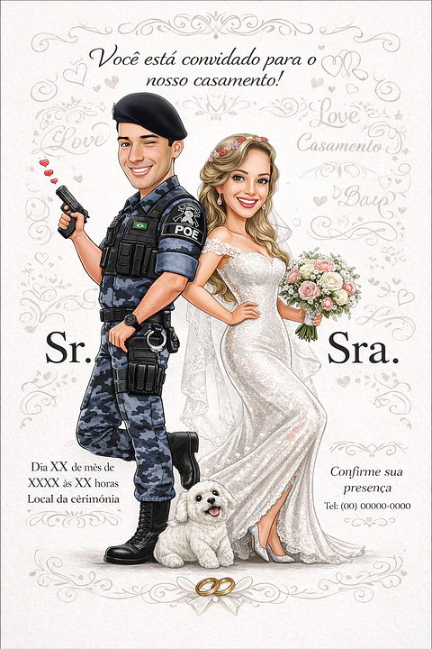 Caricatura Noivos Policial | Arte Personalizada para Casamento