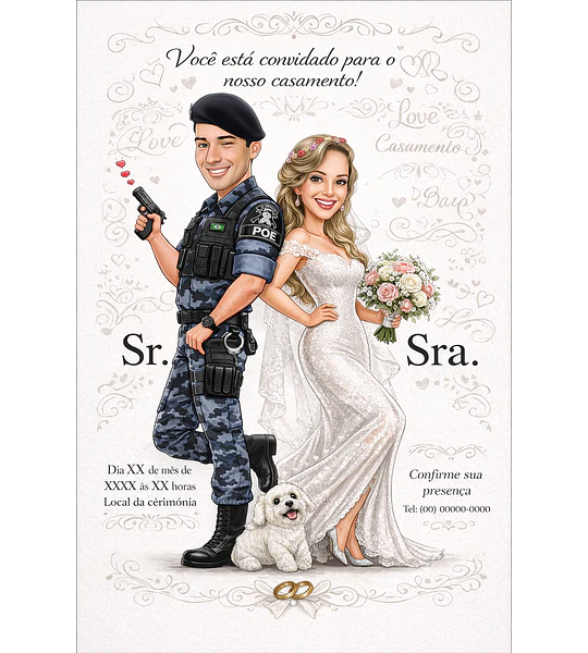 Caricatura de Casamento Personalizada – Convite Criativo Noivos Sr. e Sra. Polícia | Arte Digital