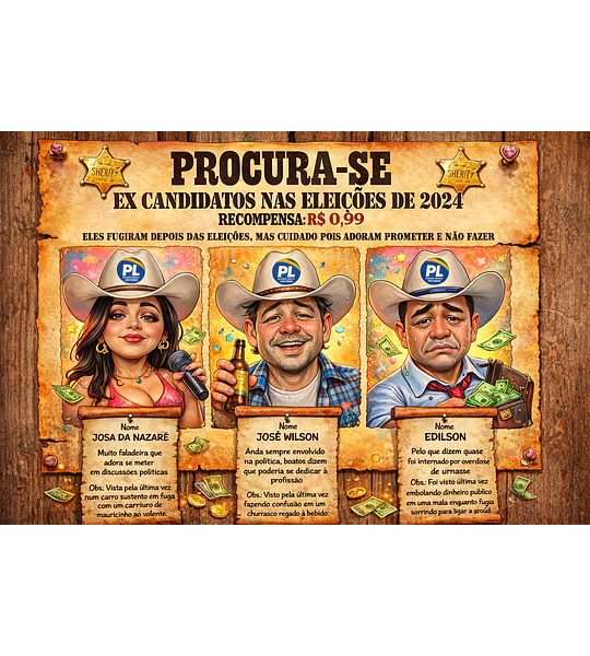 Caricatura Cartaz “Procura-se” Velho Oeste | Casal Cowboy Personalizado