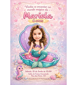 Caricatura Infantil Sereia Personalizada | Convite e Banner Menina