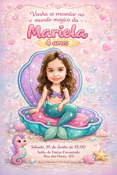 Caricatura Infantil Sereia Personalizada | Convite e Banner Menina